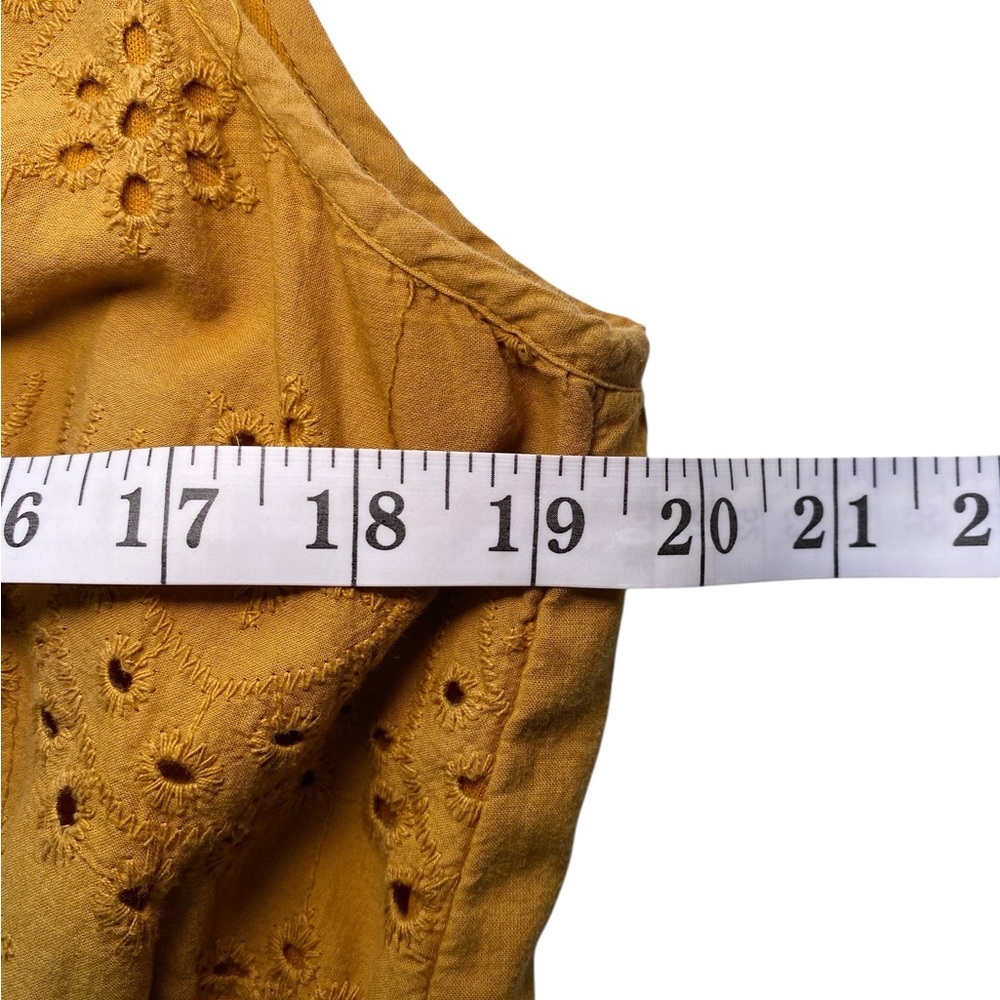 J Gee Mustard Yellow Boho Eyelet Tiered Midi Dress - Smocked Waist, V-Neck - Picture 12 of 16